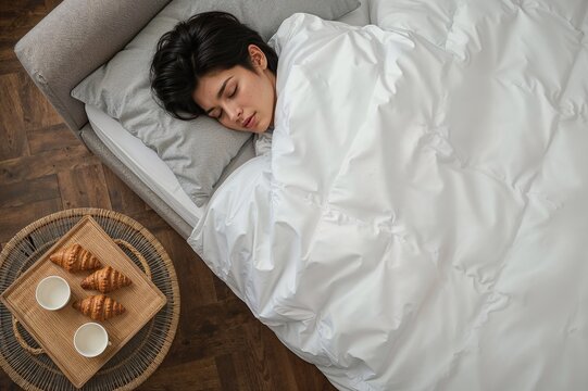 Peaceful Morning: Girl Asleep with Breakfast Nearby