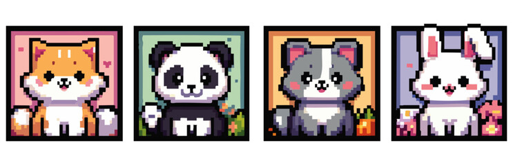 Pixel art portraits of cute animals, including a fox, panda, dog, and rabbit.