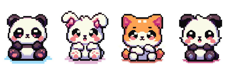 Fototapeta premium Adorable pixel art of two pandas, a bunny, and a fox, all sitting and looking cute.