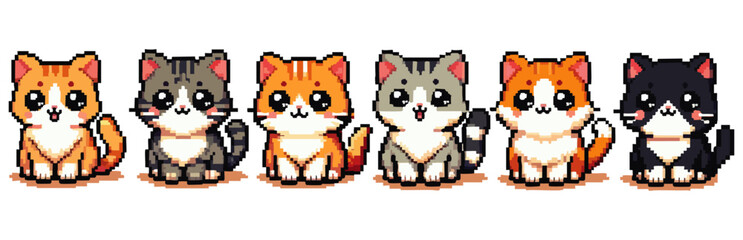 A row of adorable, pixelated cartoon cats in various colors, sitting.
