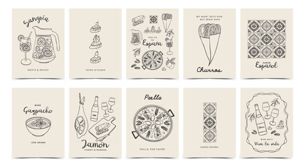 Hand Drawn Spanish Food and Culture Postcard Set. Whimsical Minimalist Line Art Illustrations with Quotes. Vector for wall decor, poster, cover, social media, ads, print, menu design.