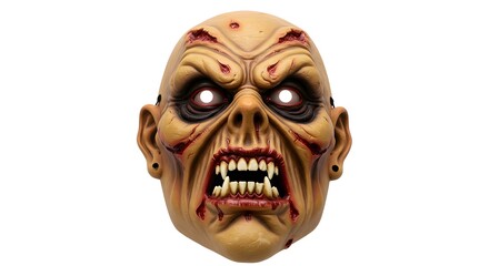 A frightening close-up of a zombie mask with glowing eyes, evoking terror and a sense of horror