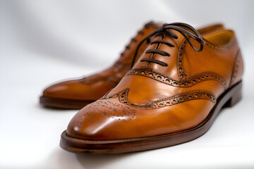 Classic polished tan leather brogue shoes on white background