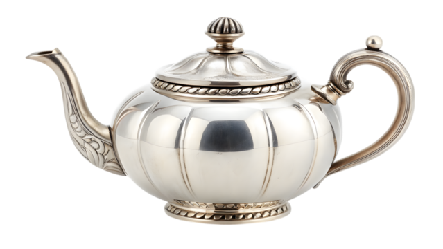 Elegant silver teapot vintage antique kitchenware tableware on transparent background