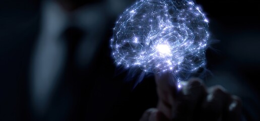 Businessman touching the brain working of Artificial Intelligence (AI) in the futuristic business and coding software development on interface and synchronize network connection, IoT, innovative