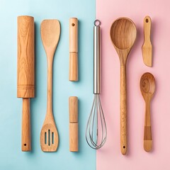 kitchen utensils on green background