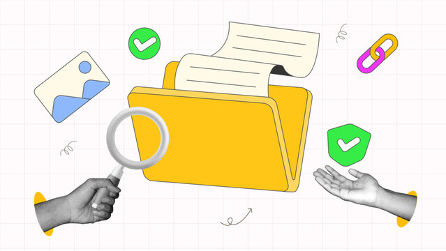 Halftone collage, Hand holding Magnifying Glass Finding Document in folder, sharing file contents