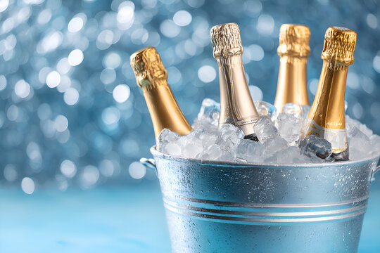 Champagne bottles cooling in a bucket with ice on glittering background