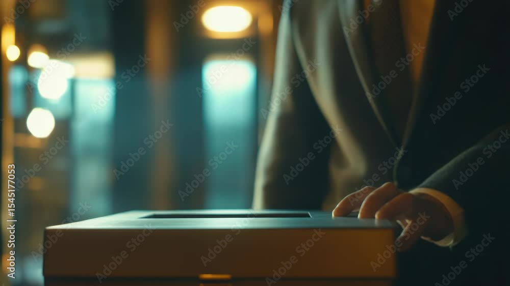 Poster a person puts a piece of paper into a file box