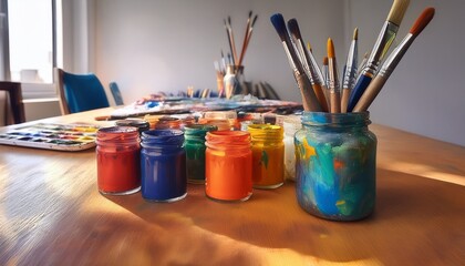 vibrant paint jars and brushes on an artistrs worktable in a creative studio