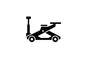 A black silhouette of a car jack with a handle and wheels on a white background in a simple style