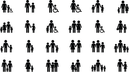 Diverse Family and Relationship Icons Featuring Various Compositions and Inclusive Representations