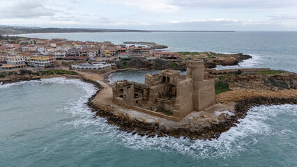 Aerial View of Ancient Coastal Fortress and Town of Castello di Le Castella