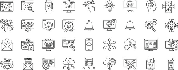 Digital Technology and Cybersecurity Icons Featuring Coding, Data Protection, and Innovation Tools