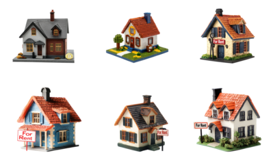 Collection of Miniature house with a digital currency symbol next to it indicating blockchain or cryptocurrency in real estate. full length isolate on transparent background