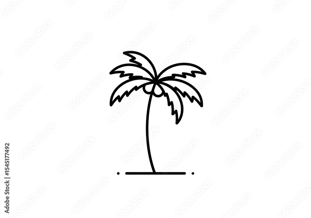 Poster a simple black outline drawing of a palm tree with coconuts on a white background in minimalist styl