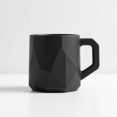 Geometric black mug with a faceted design on a white background
