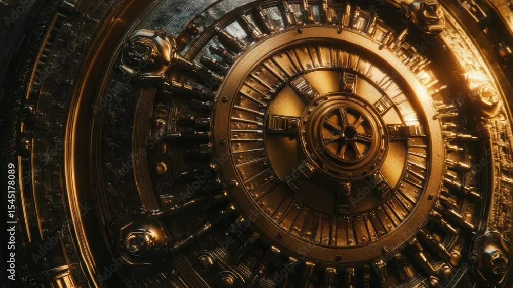 Poster a close-up of a golden clock mounted on a wall, great for use in interior design or time-themed proj