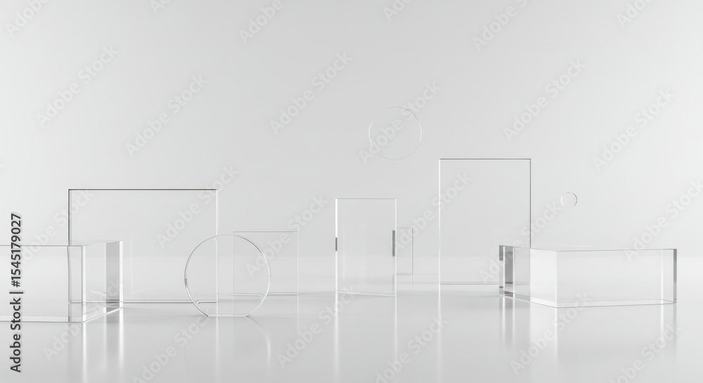 Poster minimalist transparent acrylic display blocks and circles on white background