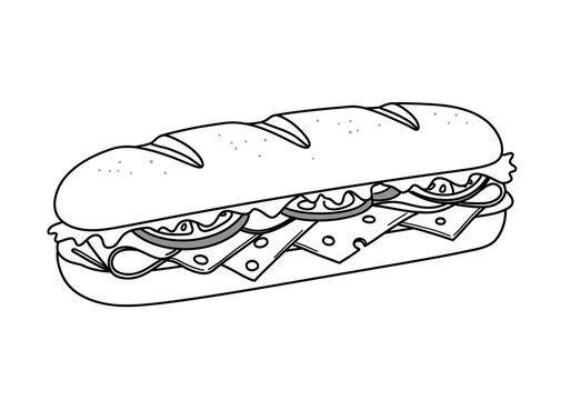 Line drawing of a long sandwich with lettuce tomato cheese and bread on a white background view