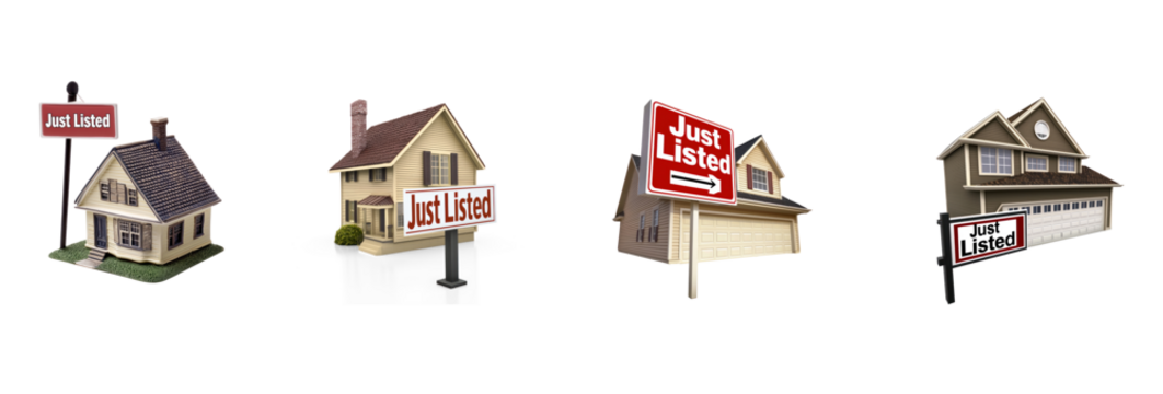 Collection of house with a "Just Listed" sign emphasizing a new real estate opportunity. full length isolate on transparent background