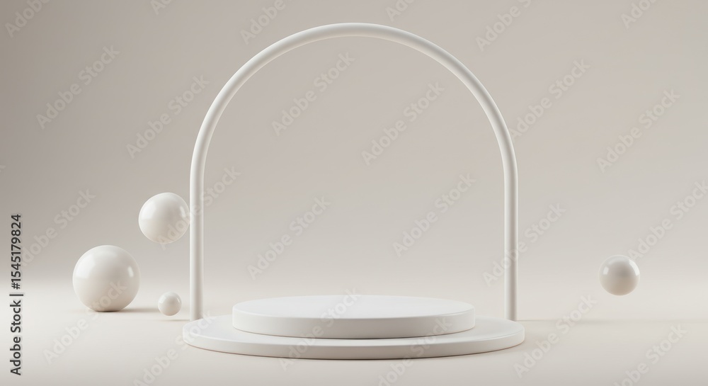 Poster minimalist white display platform with arch and spheres in neutral studio setting