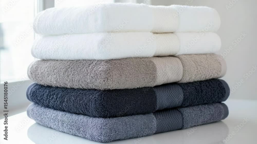 Poster A stack of towels resting on a table surface, ready for use