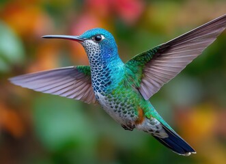 Obraz premium A vivid blue and green hummingbird with white wings is flying in the air, against a blurred background of light pink and orange.