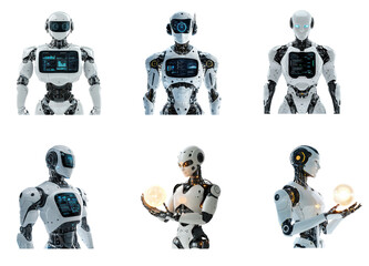 Collection of AI robot with a transparent display in front of its chest showing interactive data. full length isolate on transparent background