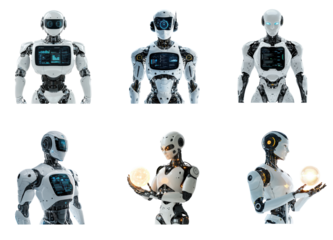 Collection of AI robot with a transparent display in front of its chest showing interactive data. full length isolate on transparent background
