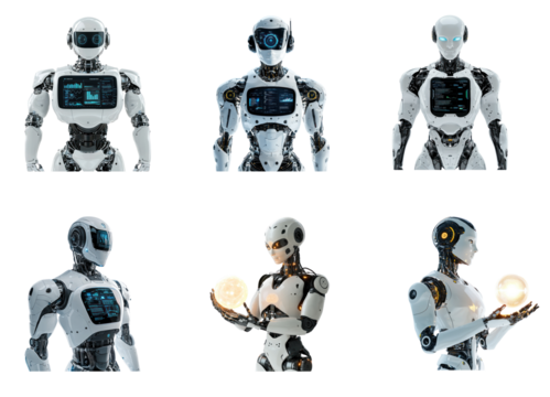 Collection of AI robot with a transparent display in front of its chest showing interactive data. full length isolate on transparent background