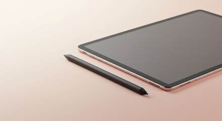 Modern Rose Gold Tablet with Stylus on Light Pink Surface
