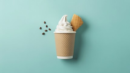 Ice cream in a waffle cup with coffee beans on a teal background