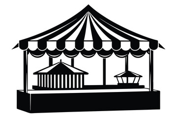 Silhouette of Vintage Carousel with Striped Tent Roof and Two Miniature Structures