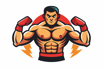 Vintage black and white illustration of a muscular male boxer in a powerful fighting stance. This dynamic vector-style artwork features bold line shading, detailed muscle anatomy