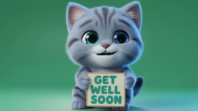 Animated Grey Kitten With Heterochromia Holding Get Well Soon Sign Against Green Backdrop