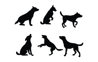 Collection of Dog Silhouettes in Various Poses on a White Background, Pet and Domestic Animal Silhouettes