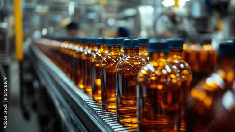 Poster a conveyor belt carrying many bottles of various liquids, ready for processing