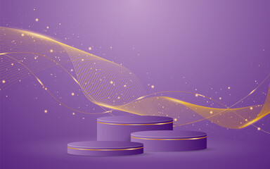 Multi-tiered purple podium with elegant gold wave lines on the back for advertisement display. Display of cosmetic products. Stage or podium. vector illustration	