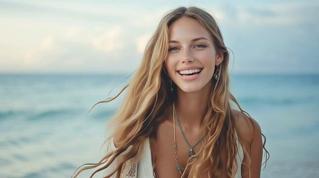Blonde Beauty with Romantic Gaze by the Sea