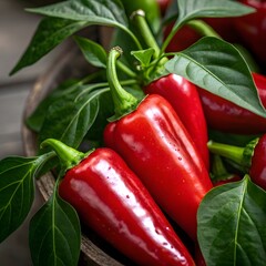 Fresh red peppers with green leaves in wooden bowl