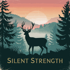 Majestic Deer Silhouette in Serene Mountain Landscape Peaceful Nature Scene Tranquil Forest Sunset View Artistic Wildlife Illustration Elegant Design Peaceful Wilderness Breathtaking Scenery Graphic  