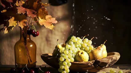 Hyperrealistic Slow Motion of Fresh Fruits in Wooden Bowl with Fall Foliage and Amber Vase on a Rustic Wooden Table for Autumn Harvest - Powered by Adobe