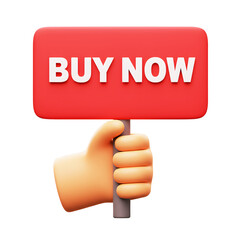 3D illustrator buy now sign held by hand icon on transparency background. for e-commerce, online shopping or marketing concept.