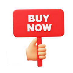 3D illustrator buy now sign held by hand icon on transparency background. for e-commerce, online shopping or marketing concept.
