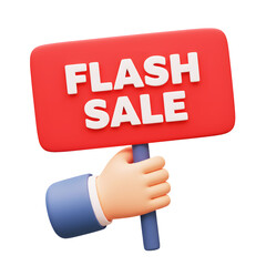 3D hand holding flash sale sign. 