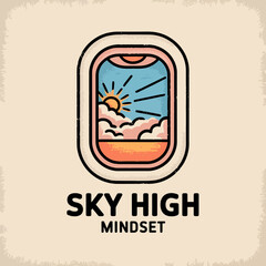 Airplane Window View Sunrise Sky High Mindset Positive Optimistic Travel Adventure Journey  Peaceful Scenic Cloudscape  Retro Vintage Illustration Graphic Design Element Hope Calm Ocean Summer Dreams 