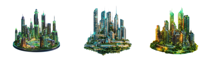 Collection of futuristic city powered by green energy with glowing eco-friendly technology. full length isolate on transparent background
