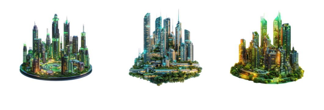 Collection of futuristic city powered by green energy with glowing eco-friendly technology. full length isolate on transparent background