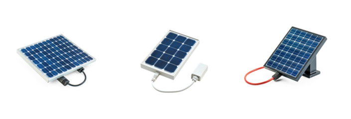 Collection of plug connected to a miniature solar panel representing clean electricity. full length isolate on transparent background